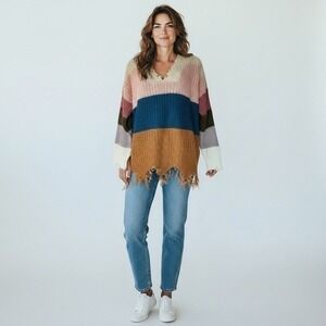 Pink Lily Open Weave Striped Chunky Sweater NWT Small